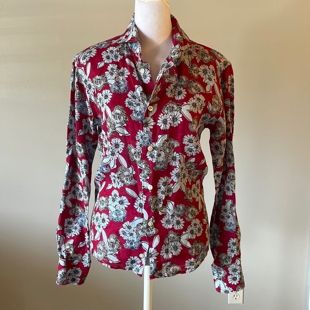 [Brancaccio] Red Floral Linen Button Down Blouse - Size Small